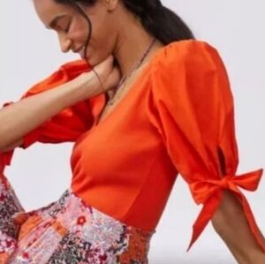 Anthropologie Maeve Orange Puff Sleeve Top Sz XS